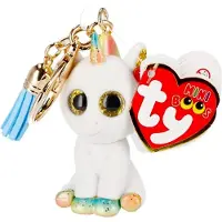 TY Filles, Porte-clés, - Mini Boos Clips Key Ring - Unicorn - Pixy - White - With blue tassel - The fashionable keychain, Bleu, Blanc