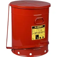 Justrite Bidon pour déchets huileux, couvercle à fermeture automatique, avec pédale, tôle d'acier, Ø 460 x H 600 mm, 80 l, rouge