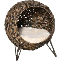 PawHut Maison pour chat avec coussin, lieu de couchage pour chat, grotte pour chat, pieds surélevés, rotin PE D30-245V01