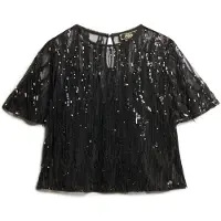 Superdry pour femme. W6011972A T-shirt transparent avec paillettes noires (10), Casuel, Fête, Polyester, Manche courte