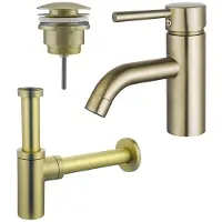 FortiFura Calvi Kit mitigeur lavabo - robinet bas - bonde clic clac - siphon design - PVD Laiton brossé SW720547/SW696202/SW696213