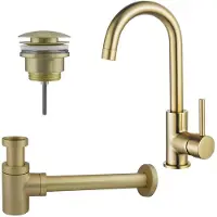 FortiFura Calvi Kit robinet lavabo - robinet haut - bec rotatif - bonde clic clac - siphon design bas - Laiton brossé PVD SW809349/SW696202/SW696218