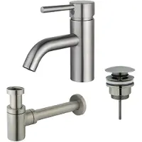 FortiFura Calvi Kit mitigeur lavabo - robinet bas - bonde clic clac - siphon design bas - PVD Inox brossé SW377856/SW696201/SW696217