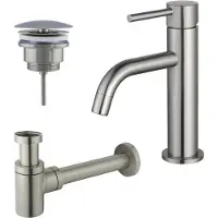 FortiFura Calvi Slim Kit mitigeur lavabo - robinet bas - bonde non-obturable - siphon design bas - PVD Inox brossé SW377858/SW696207/SW696217