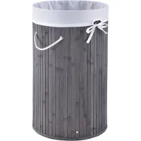Juskys Panier à linge en bambou Curly - 55 litres - gris - avec sac à linge et couvercle