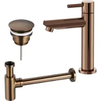 FortiFura Calvi - Ensemble lave-mains avec robinet bas à poser, bonde non obturable et siphon design en cuivre brossé PVD SW799403/SW799405/SW970033
