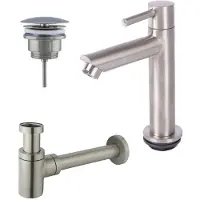 FortiFura Calvi - Ensemble lave-main avec robinet bas à poser, bonde non obturable et siphon design inox brossé pvd SW696237 / SW696207 / SW696217