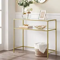 Vasagle Table console or - Moderne 2 étagères en verre trempé avec cadre métallique et pieds réglables