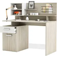 Demeyere Bureau MALICIA, 123x60x121,9 cm, blanc + chêne, Avec étagères, armoire et tiroir