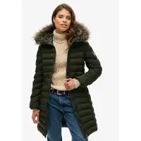 Superdry Femme Doudoune Mi-longue à Capuche en Fourrure Synthétique Vert Taille: 44