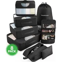 Travelhawk Packing Cubes - Kit d'organisation pour valise - Vêtements - Organisateurs de bagages - 8 pièces - Noir