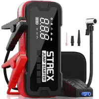 Strex - 12V Jumpstarter & Starting Aid With Compressor - 4000A - 24,000 mAh - 5-in-1 Function With Led Flashlight & SOS - Includes Hardcover Bag - Plastic - Black & Red