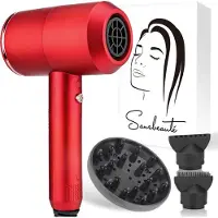 Sansbeauté Hair Dryer with Diffuser - Ionic Hair Dryer - Brush - Travel Hair Dryer - 3 Attachments - Curls - Coolshot - 3 Stages - Hair Dryer with Diffuser - Hair Dryer - 2000W - Red