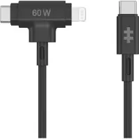 Hyper HyperJuice USB-C à USB-C et Lightning hybrid silicone câble (1.5m/60W) – Connecteur Hybride 2-en-1 – Charge rapide USB-C 60W – MFi - Noir