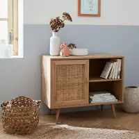 Sweeek Meuble De Rangement En Cannage 80x39x65.8cm Bohème - Naturel - 2 Niveaux - 1 Porte - Pieds