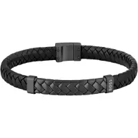 HUGO BOSS Bracelet en cuir tressé noir avec garniture en métal à chevrons