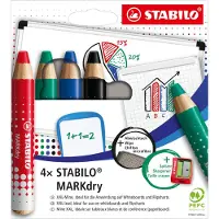 Stabilo MARKdry Coffret de 4 crayons marqueurs pour tableau blanc avec taille-crayon et chiffonnette
