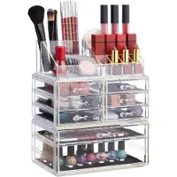 Relaxdays 10023135_1099 Boîte rangement maquillage Make up organisateur cosmétiques tiroirs compartiments, transparent-doré, acrylique, 1