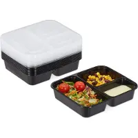 Relaxdays Meal Prep Containers, Lot De 10, 3 Compartiments, 1000 Ml, Micro-Ondes, Boîte Alimentaire Avec Couvercle, Noir -