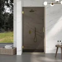 FortiFura Galeria Porte de douche - 90x200cm - charnières - poignée - plat - verre Fumé - Laiton brossé SW1122558/SW1122564