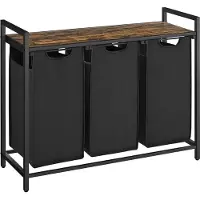 O'daddy Panier à linge 3 compartiments - trieur de linge - extensible avec étagère - 92.5 x 33 x 71 cm - panier à linge - 168 L divisé en 3 poches - paniers à linge - panier à linge métal noir - bois
