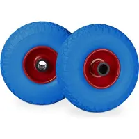 Relaxdays Kit de roues pour diable , anti-crevaison, pneus pleins 3.00-4, jantes en acier, axe de 25 mm, charge maximale de 100 kg, dimensions 260 x 85 mm, bleu et rouge