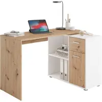 Albrecht Bureau d'angle avec rangements - Mélaminé chêne et blanc - L83 x H74 x P117 cm
