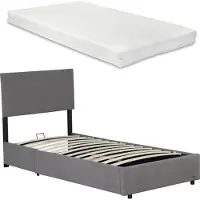 Corium Lit rembourré 'Juva' lit simple avec matelas coffre de lit et sommier à lattes relevable 90 x 200 cm velours côtelé gris