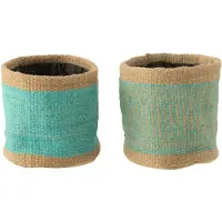 J-Line Corbeille ronde+ruban Jute Naturel/Azur Moyen 2 assortis