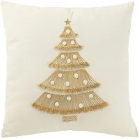 J-Line Coussin sapin franges+pompomps coton blanc/doré