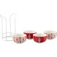 J-Line Boite 4 bol + socle metal casse-noisette boite cadeau ceramique rouge