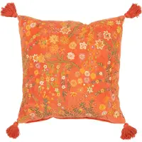 J-Line Coussin carre fleurs+floches velours orange