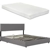 Corium Lit rembourré « Juva » Lit double avec matelas, coffre de rangement et sommier à lattes rabattable 160 x 200 cm Velours côtelé gris