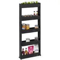 Relaxdays Étagère de niche , 5 tablettes, étagère de niche étroite pour salle de bains et cuisine, L x P x H : 131 x 12,5 x 54 cm, étagère à roulettes en plastique, noire