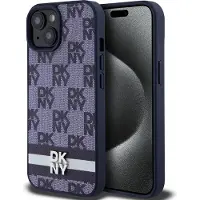 DKNY PU Leather Checkered Pattern and Stripe Case pour iPhone 15 Bleu (Apple iPhone 15), Coque pour téléphone portable, Bleu