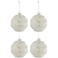 J-Line Boite 4 boules de noel lignes paillettes + perles blanc/argent verre mat blanc medium