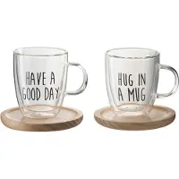 Jline Tasse + sous-tasse texte verre/bois transparent/noir/naturel assortiment de 2