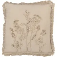 Jline Coussin broderie fleurs/franges coton greige