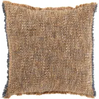 J-Line Coussin bords effiloches polyester/coton marron clair/bleu