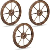 Relaxdays Roue de charrette en bois, lot de 3, décoration pour jardin, terrasse, véranda, roue de calèche rustique, saloon, western, marron