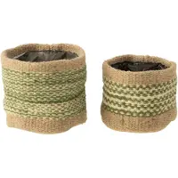 J-Line Set De 2 Corbeilles Rondes+Ruban Jute Naturel/Vert