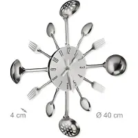 Relaxdays Horloge murale « Couverts », horloge de cuisine « Cuillère, fourchette et louche », Ø 40 cm, à piles, avec tic-tac, horloge « Couverts », argent