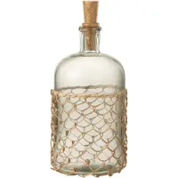 J-Line Bouteille tricot bouchon verre/bois/rotin transparent