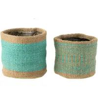 J-Line Set De 2 Paniers Ronds+Sangle Jute Naturel/Azur Xs/S