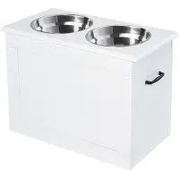 PawHut Paws Hondenvoerbak met opbergruimte 2 bakken, voerstation, etensbak voor katten, MDF roestvrij staal