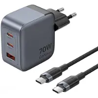 Vention Gan Chargeur Usb-C+C+A 70W + câble Usb-C-C 1M (Gris)