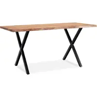 Wohnling Table de salle à manger 160x80x76 cm acacia massif / métal Table de salle à manger bord d'arbre Table de cuisine massive avec pieds en X en noir Table en bois Table de salle à manger
