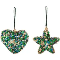 J-Line Coeur/etoile suspendu sequins suspendu bleu vert/or assortiment de 2