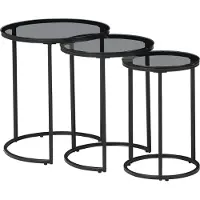 En.casa Lot de 3 tables basses Kyyjärvi : table de salon ronde, table d'appoint, lot de 3 tables, structure en métal, verre fumé trempé de 4 mm, noir / transparent