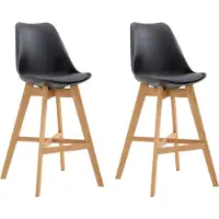 CLP - Ensemble de 2 tabourets de bar Cannes, en plastique, avec dossier et repose-pieds. Couleur : noir. Structure : couleur bois naturel